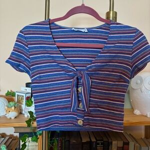 3 FOR $15 ‼️ Blue Striped Tie-Front Top with Buttons
